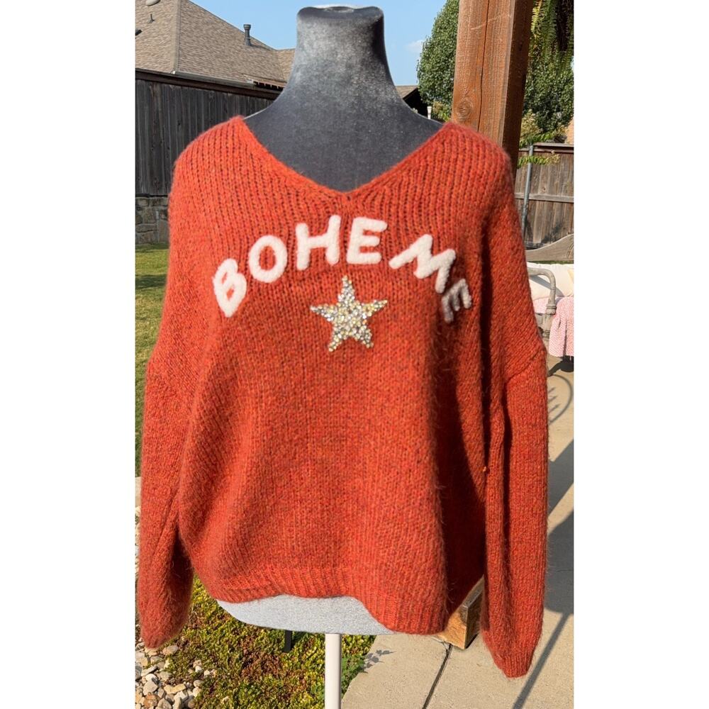 Boheme Made in Italy Sweater Womens Rust Orange Rhinestone Star Oversized Knit - Picture 6 of 9